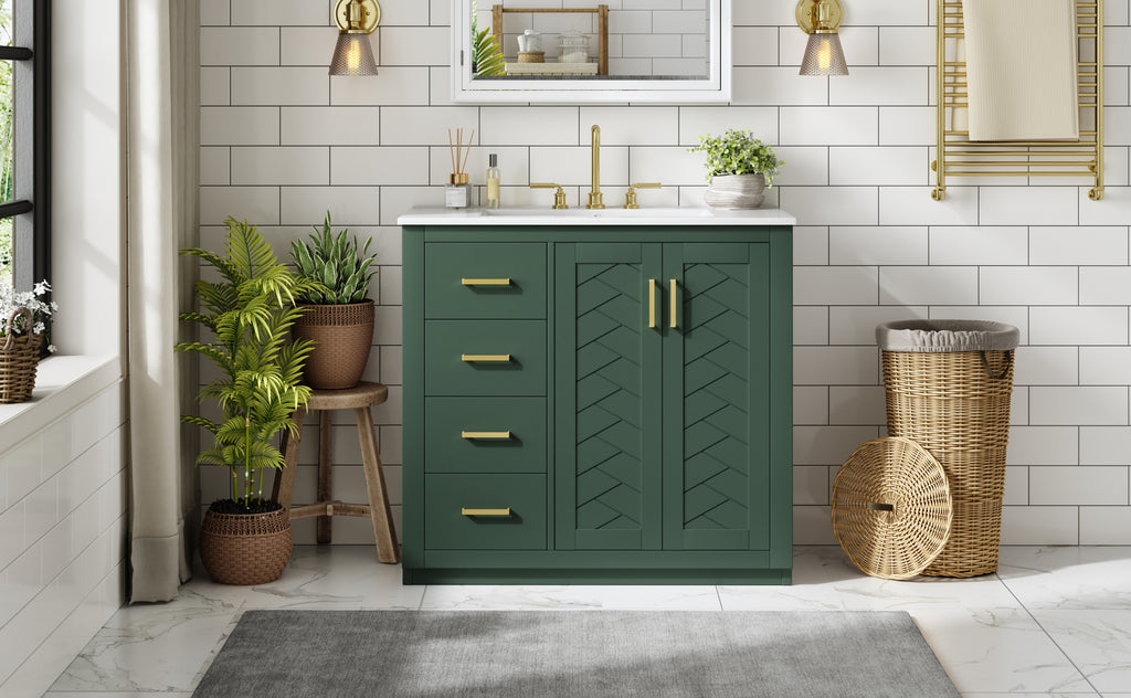 36'' Bathroom Vanity with Ceramic Sink Combo, Solid Wood Frame Bathroom Storage Cabinet, Freestanding Vanity Set with 3 Drawers& Soft Closing Doors