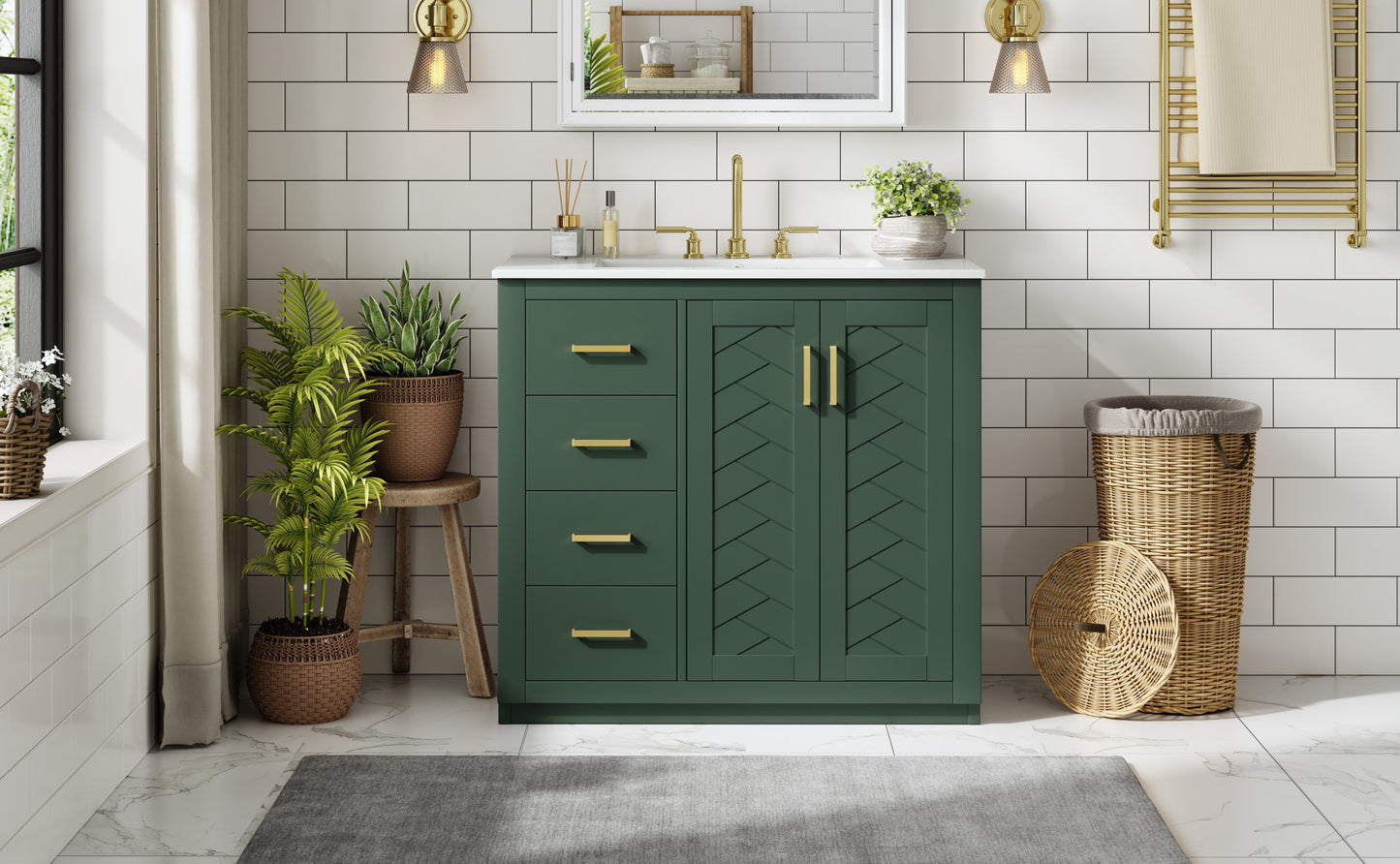 36'' Bathroom Vanity with Ceramic Sink Combo, Solid Wood Frame Bathroom Storage Cabinet, Freestanding Vanity Set with 3 Drawers& Soft Closing Doors