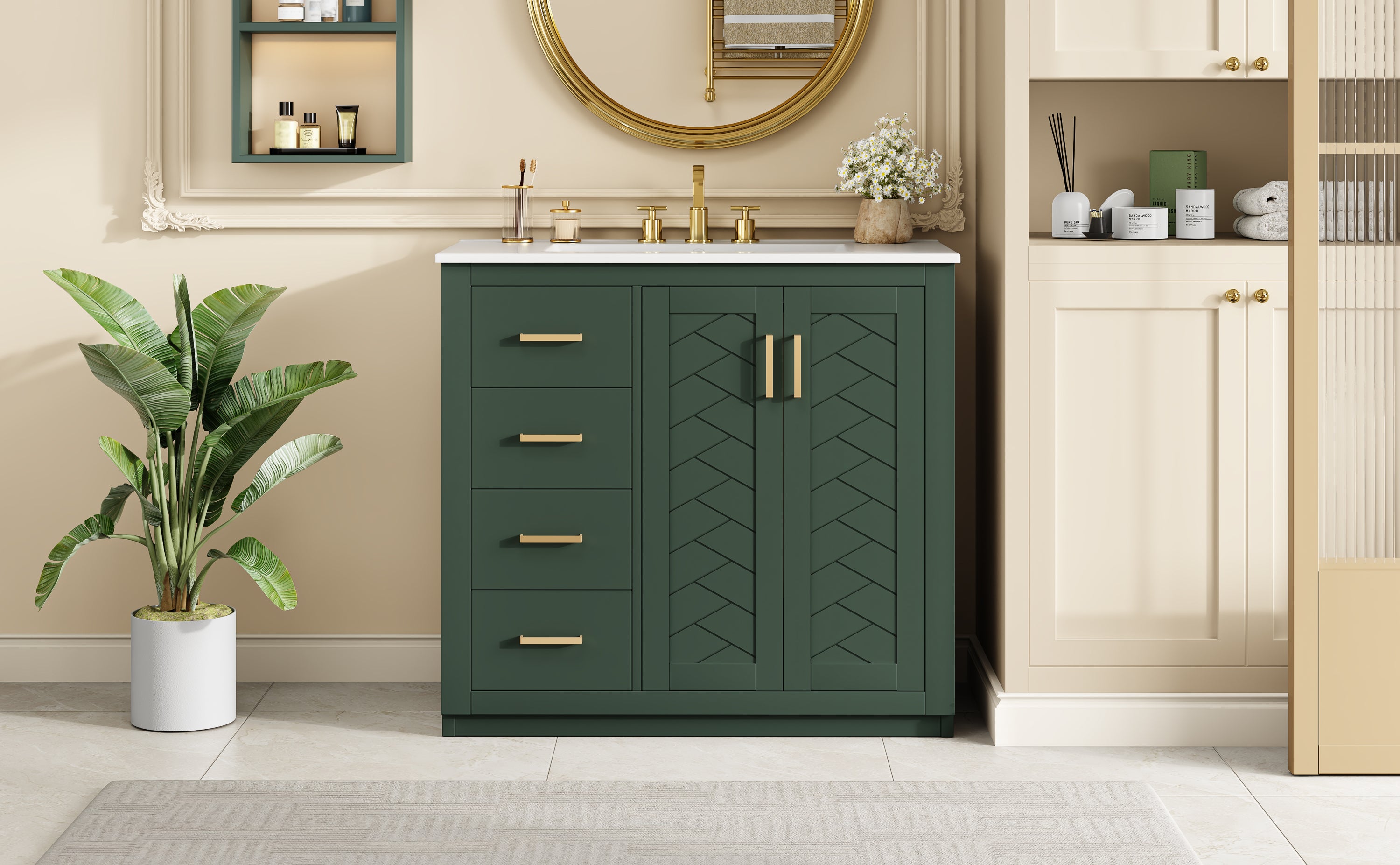 36'' Bathroom Vanity with Ceramic Sink Combo, Solid Wood Frame Bathroom Storage Cabinet, Freestanding Vanity Set with 3 Drawers& Soft Closing Doors