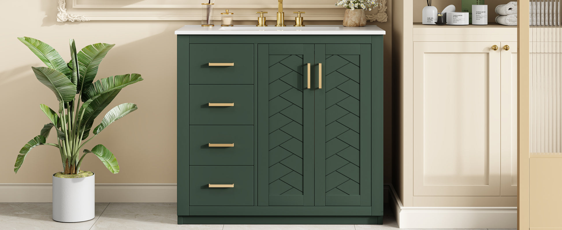 36'' Bathroom Vanity with Ceramic Sink Combo, Solid Wood Frame Bathroom Storage Cabinet, Freestanding Vanity Set with 3 Drawers& Soft Closing Doors