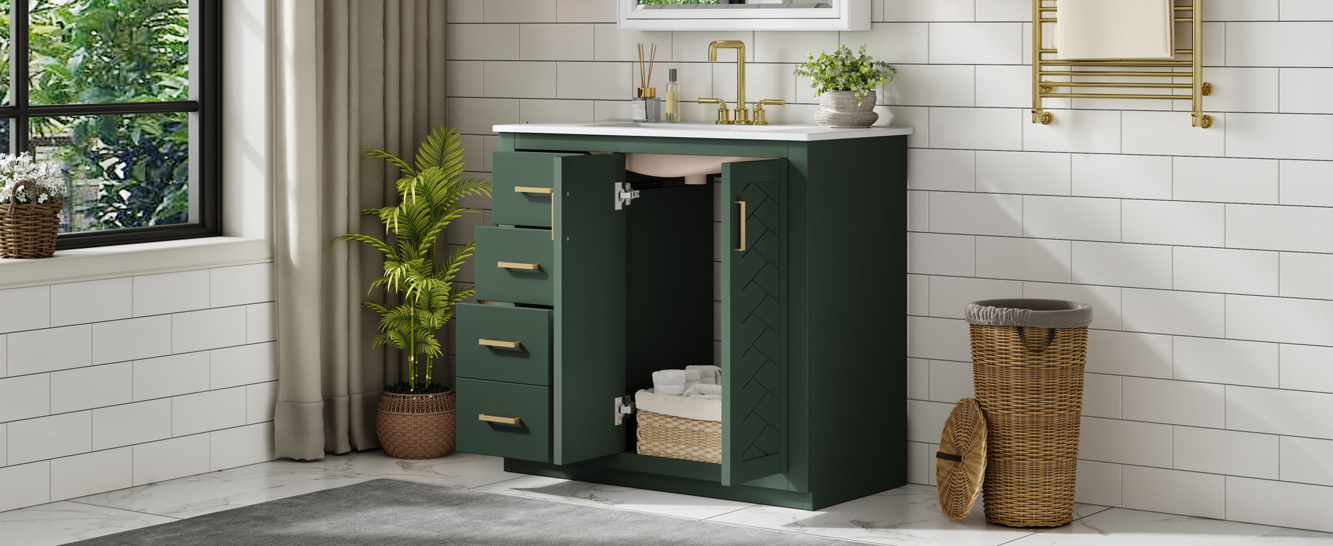 36'' Bathroom Vanity with Ceramic Sink Combo, Solid Wood Frame Bathroom Storage Cabinet, Freestanding Vanity Set with 3 Drawers& Soft Closing Doors