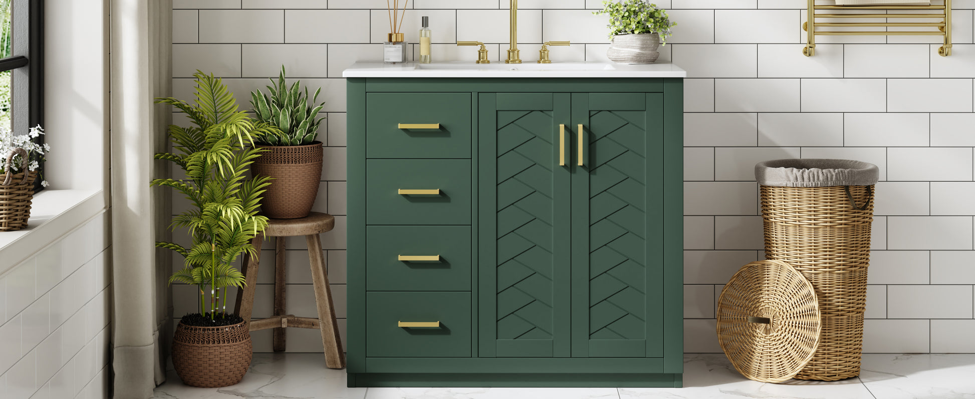 36'' Bathroom Vanity with Ceramic Sink Combo, Solid Wood Frame Bathroom Storage Cabinet, Freestanding Vanity Set with 3 Drawers& Soft Closing Doors