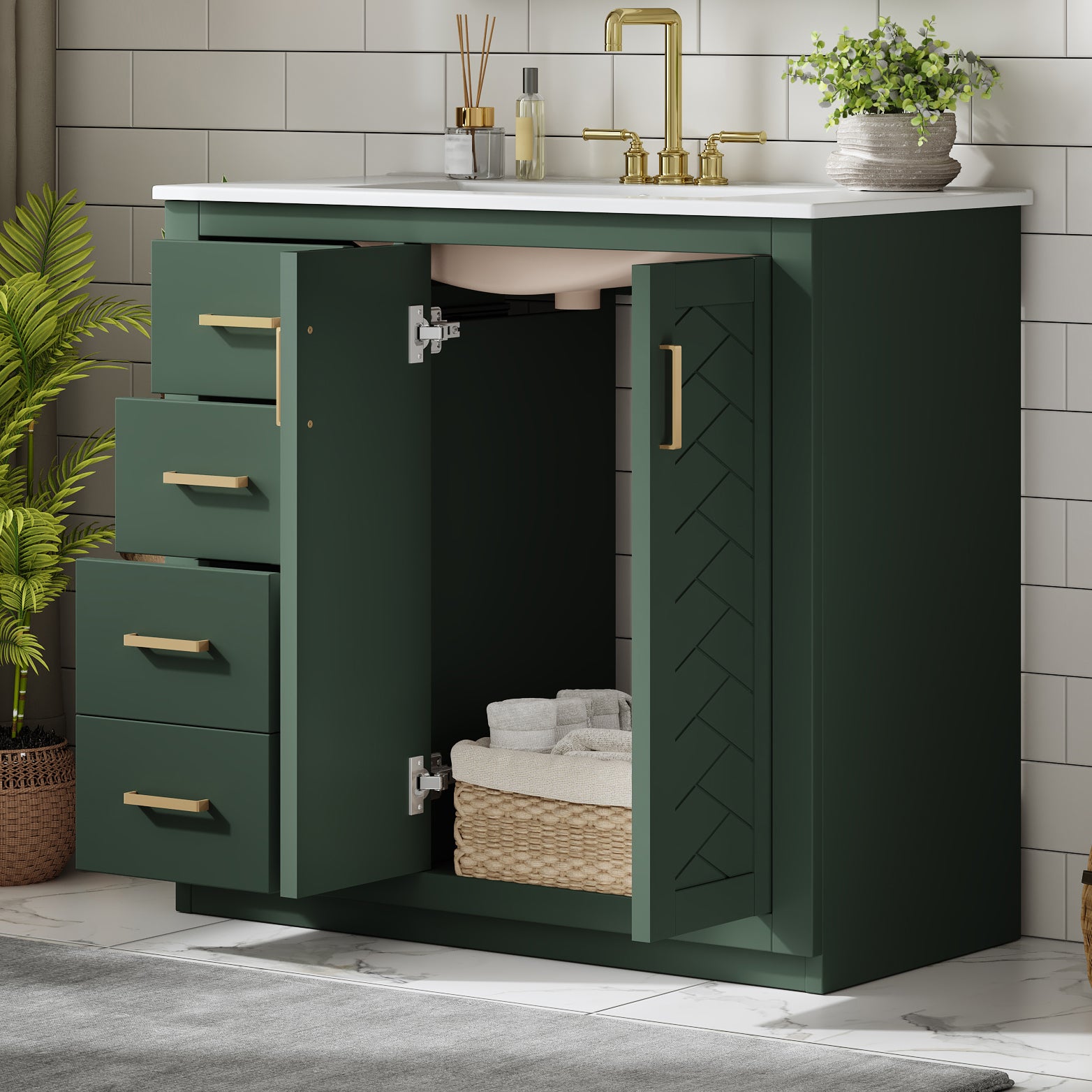 36'' Bathroom Vanity with Ceramic Sink Combo, Solid Wood Frame Bathroom Storage Cabinet, Freestanding Vanity Set with 3 Drawers& Soft Closing Doors