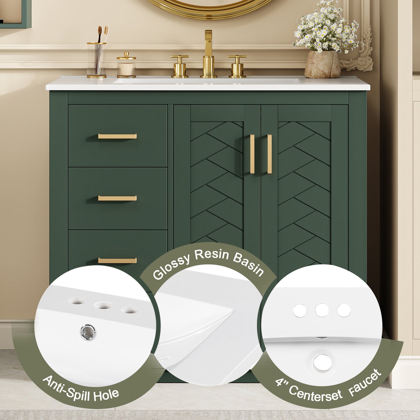 36'' Bathroom Vanity with Ceramic Sink Combo, Solid Wood Frame Bathroom Storage Cabinet, Freestanding Vanity Set with 3 Drawers& Soft Closing Doors