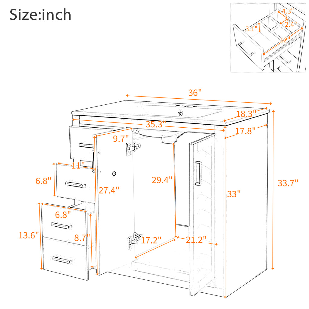 36'' Bathroom Vanity with Ceramic Sink Combo, Solid Wood Frame Bathroom Storage Cabinet, Freestanding Vanity Set with 3 Drawers& Soft Closing Doors