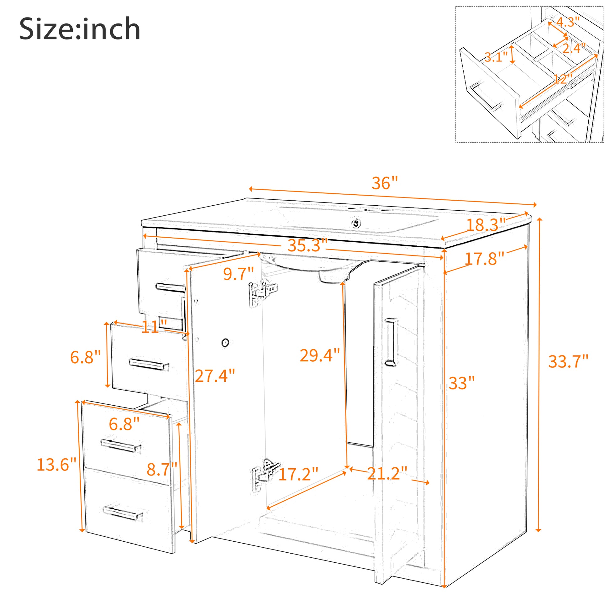 36'' Bathroom Vanity with Ceramic Sink Combo, Solid Wood Frame Bathroom Storage Cabinet, Freestanding Vanity Set with 3 Drawers& Soft Closing Doors