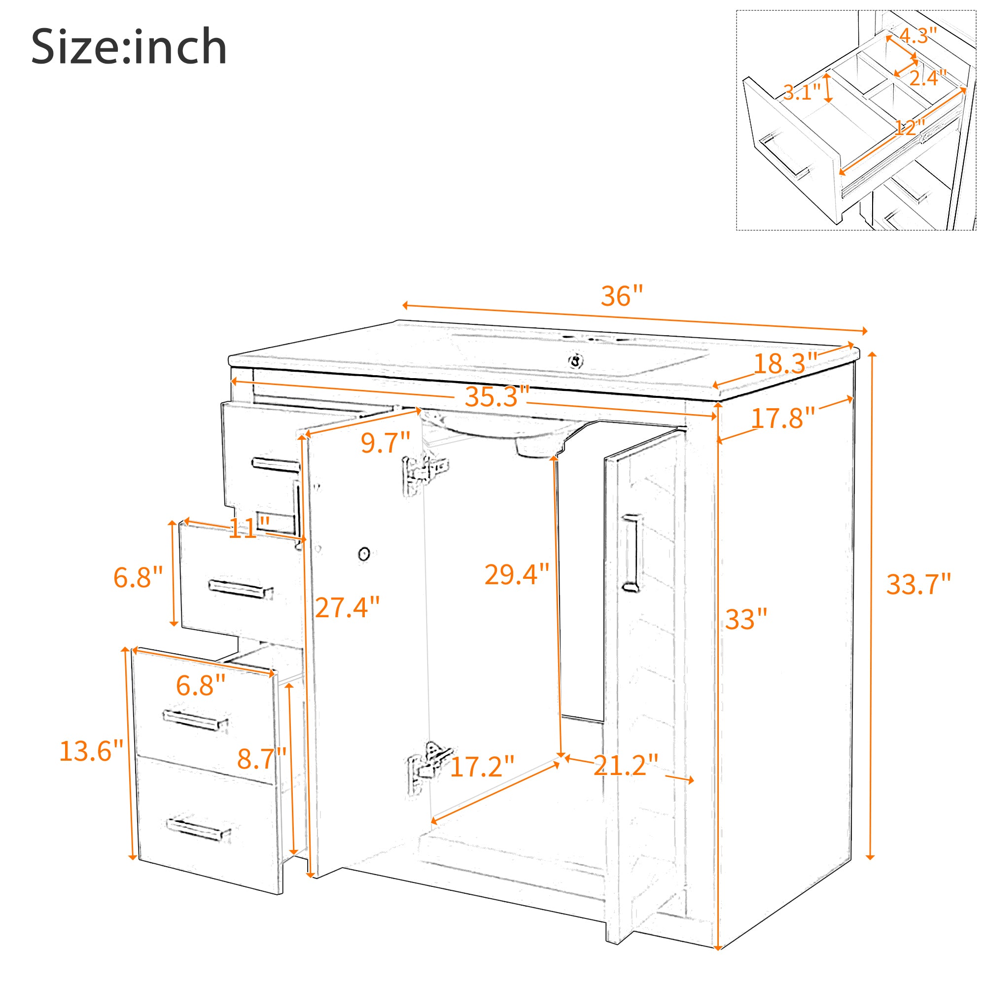 36'' Bathroom Vanity with Ceramic Sink Combo, Solid Wood Frame Bathroom Storage Cabinet, Freestanding Vanity Set with 3 Drawers& Soft Closing Doors