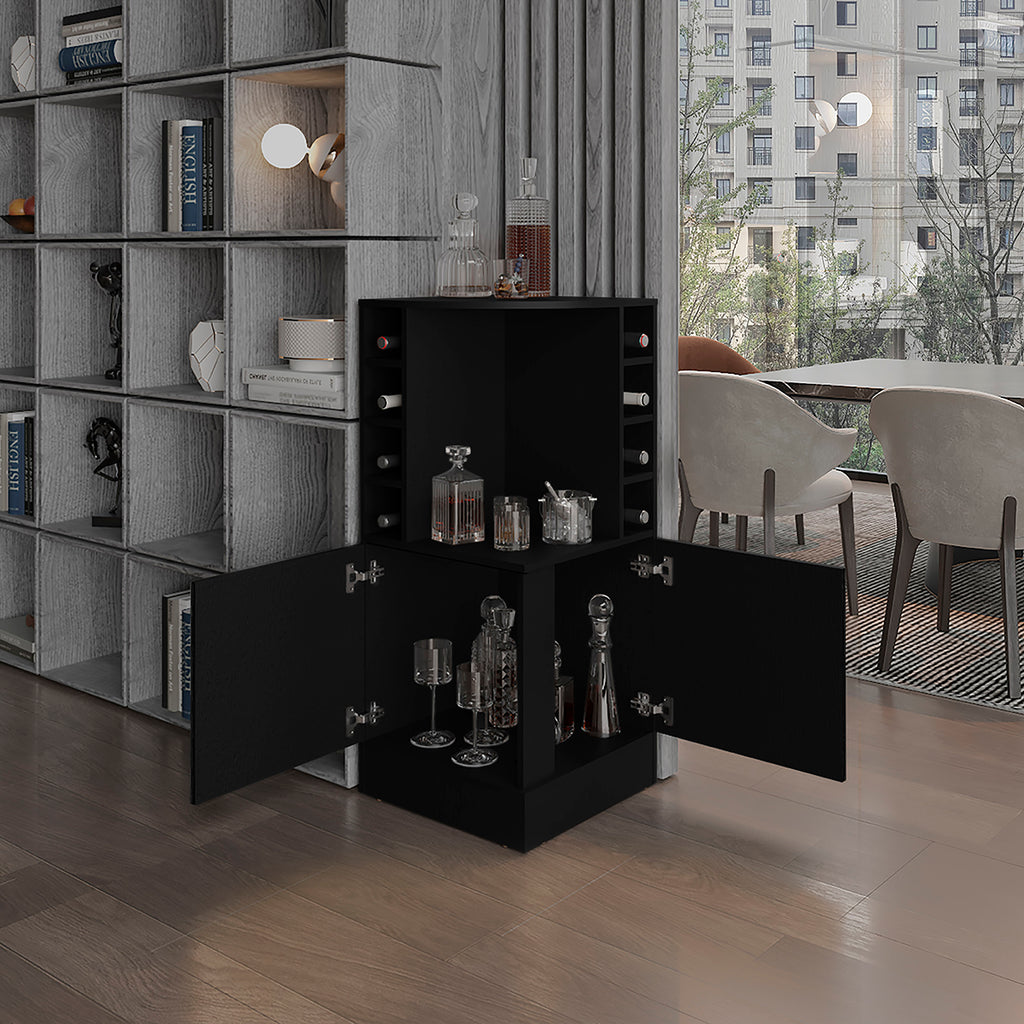 Jakes 42 Tall Corner Bar Cabinet with Eight Wine Bottle Cubbies and Double Door cabinet, Living Room, Liquor Cabinet, Storage Cabinet Black Wengue