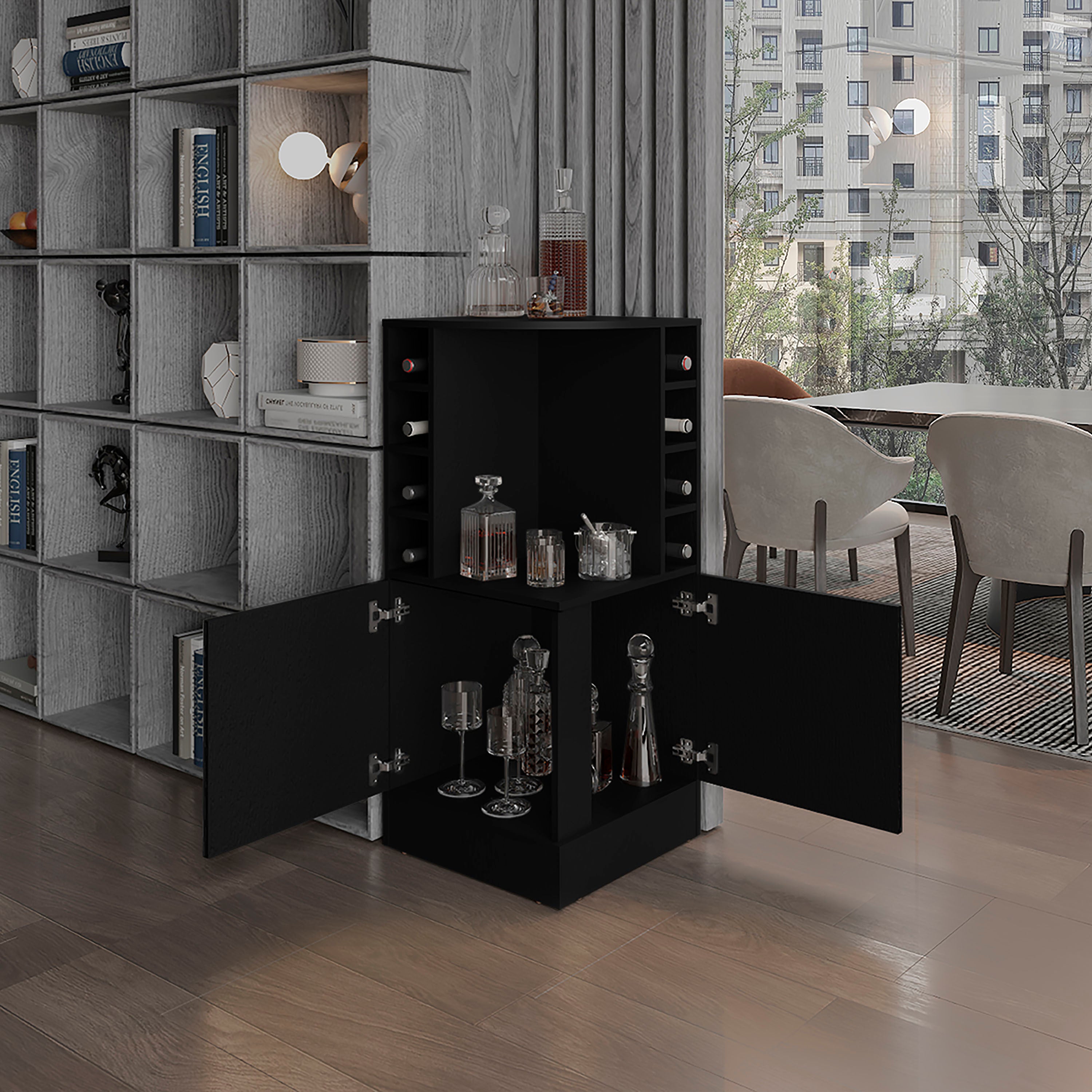 Jakes 42 Tall Corner Bar Cabinet with Eight Wine Bottle Cubbies and Double Door cabinet, Living Room, Liquor Cabinet, Storage Cabinet Black Wengue
