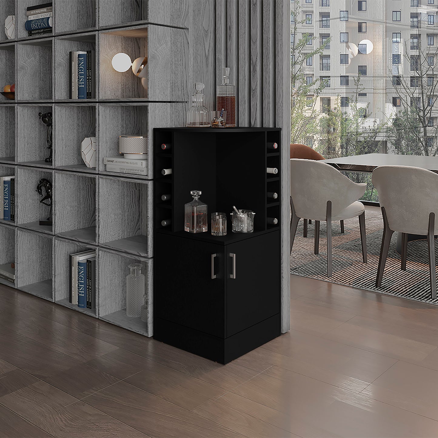 Jakes 42 Tall Corner Bar Cabinet with Eight Wine Bottle Cubbies and Double Door cabinet, Living Room, Liquor Cabinet, Storage Cabinet Black Wengue