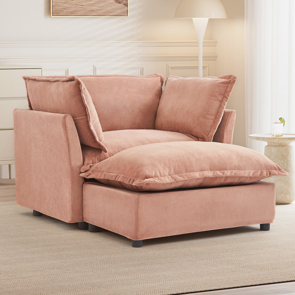 Modern 47' Cozy Upholstered Armchair Sofa with Movable Ottoman, Pink Chenille Fabric, Wide Seat and Curved Armrests