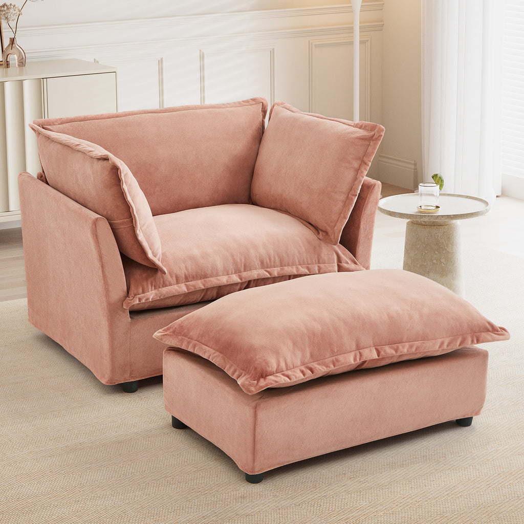 Modern 47' Cozy Upholstered Armchair Sofa with Movable Ottoman, Pink Chenille Fabric, Wide Seat and Curved Armrests