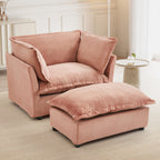 Modern 47' Cozy Upholstered Armchair Sofa with Movable Ottoman, Pink Chenille Fabric, Wide Seat and Curved Armrests