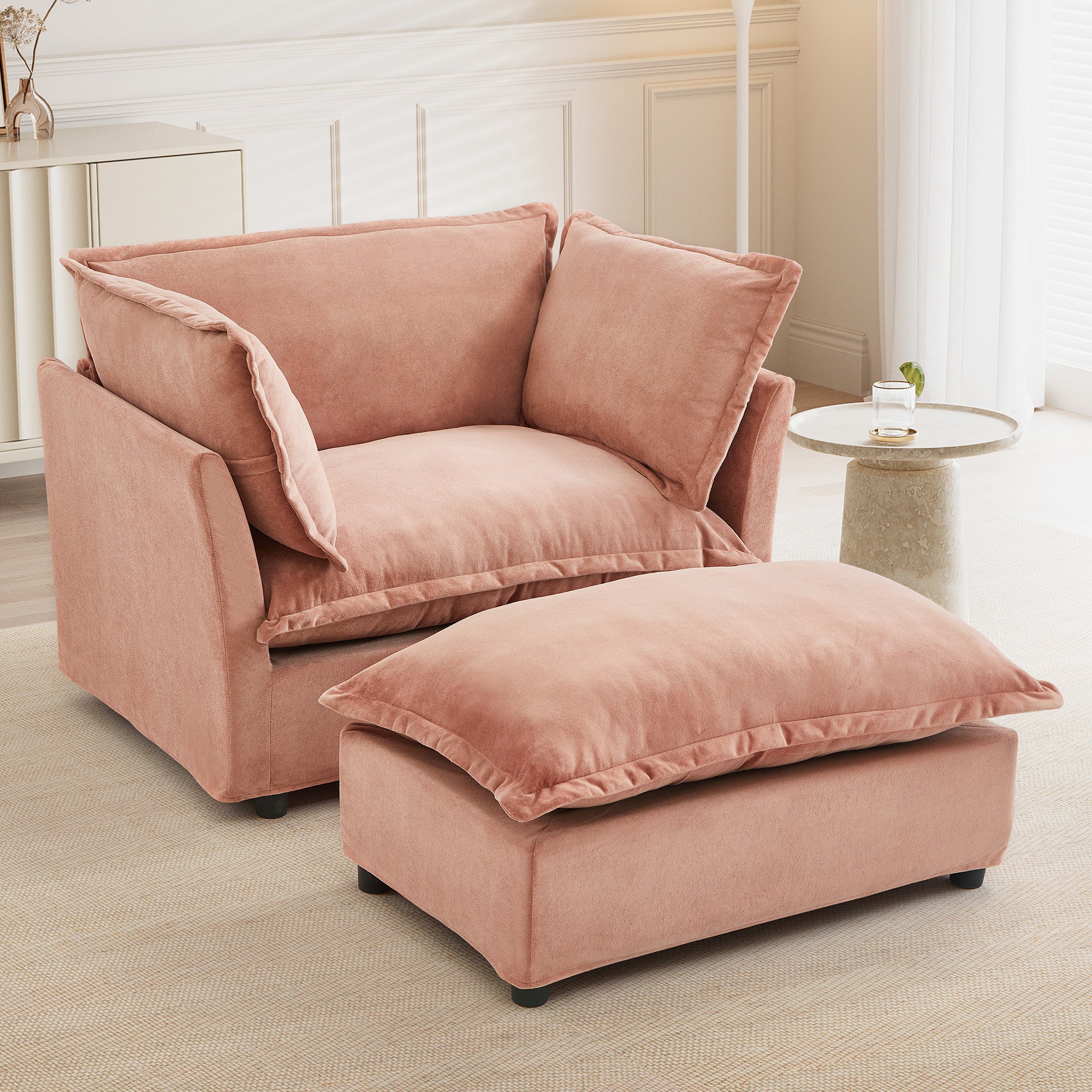 Modern 47' Cozy Upholstered Armchair Sofa with Movable Ottoman, Pink Chenille Fabric, Wide Seat and Curved Armrests