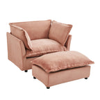 Modern 47' Cozy Upholstered Armchair Sofa with Movable Ottoman, Pink Chenille Fabric, Wide Seat and Curved Armrests