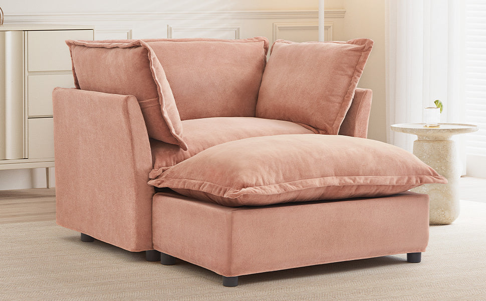 Modern 47' Cozy Upholstered Armchair Sofa with Movable Ottoman, Pink Chenille Fabric, Wide Seat and Curved Armrests