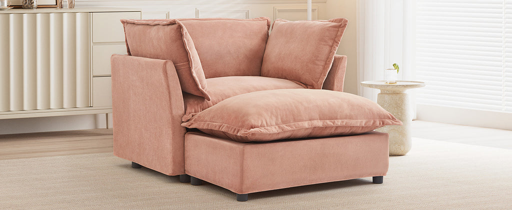 Modern 47' Cozy Upholstered Armchair Sofa with Movable Ottoman, Pink Chenille Fabric, Wide Seat and Curved Armrests
