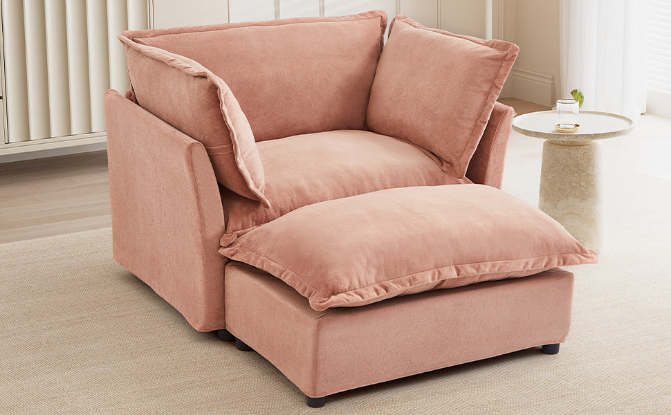 Modern 47' Cozy Upholstered Armchair Sofa with Movable Ottoman, Pink Chenille Fabric, Wide Seat and Curved Armrests