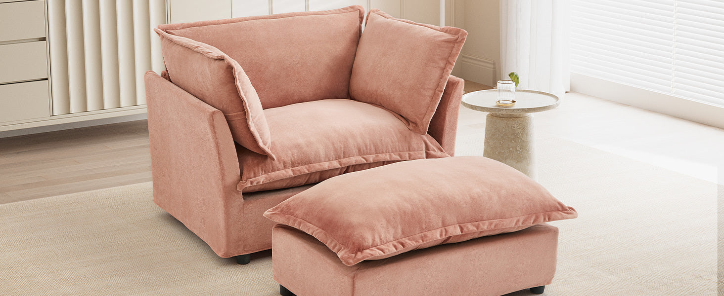 Modern 47' Cozy Upholstered Armchair Sofa with Movable Ottoman, Pink Chenille Fabric, Wide Seat and Curved Armrests