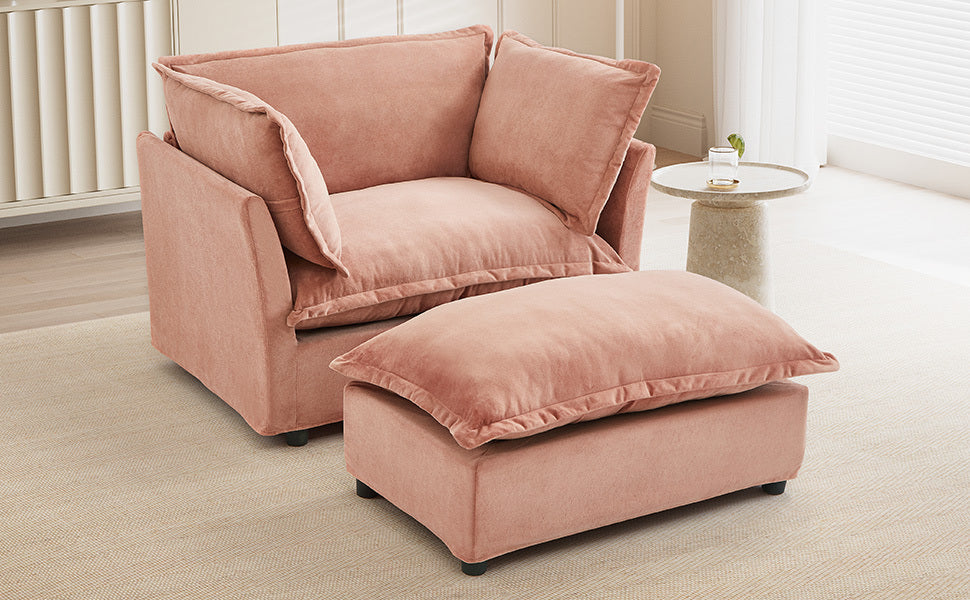 Modern 47' Cozy Upholstered Armchair Sofa with Movable Ottoman, Pink Chenille Fabric, Wide Seat and Curved Armrests