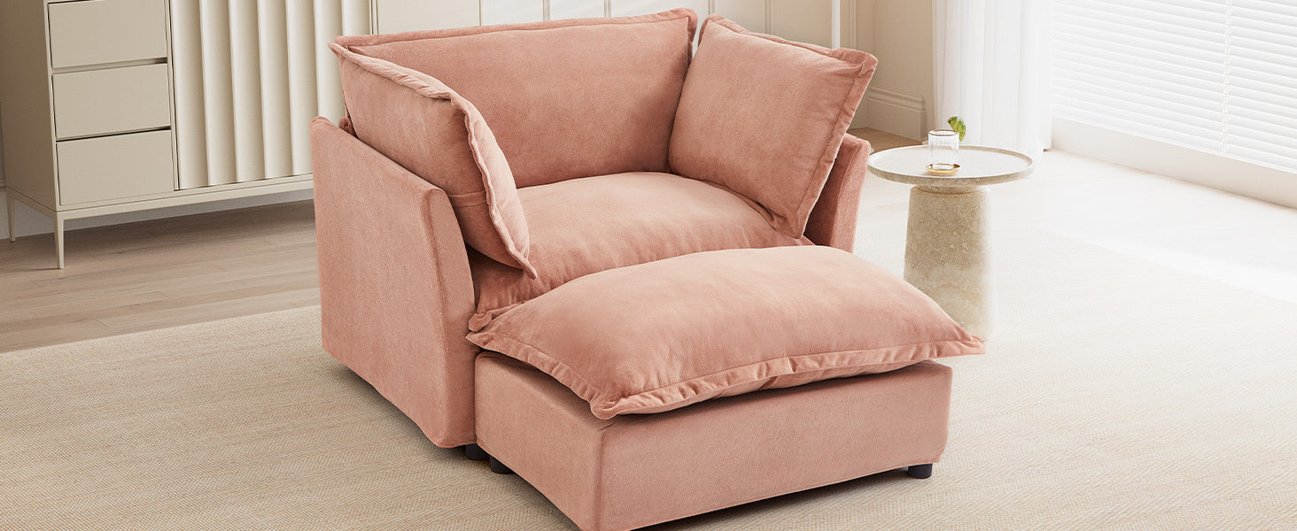 Modern 47' Cozy Upholstered Armchair Sofa with Movable Ottoman, Pink Chenille Fabric, Wide Seat and Curved Armrests