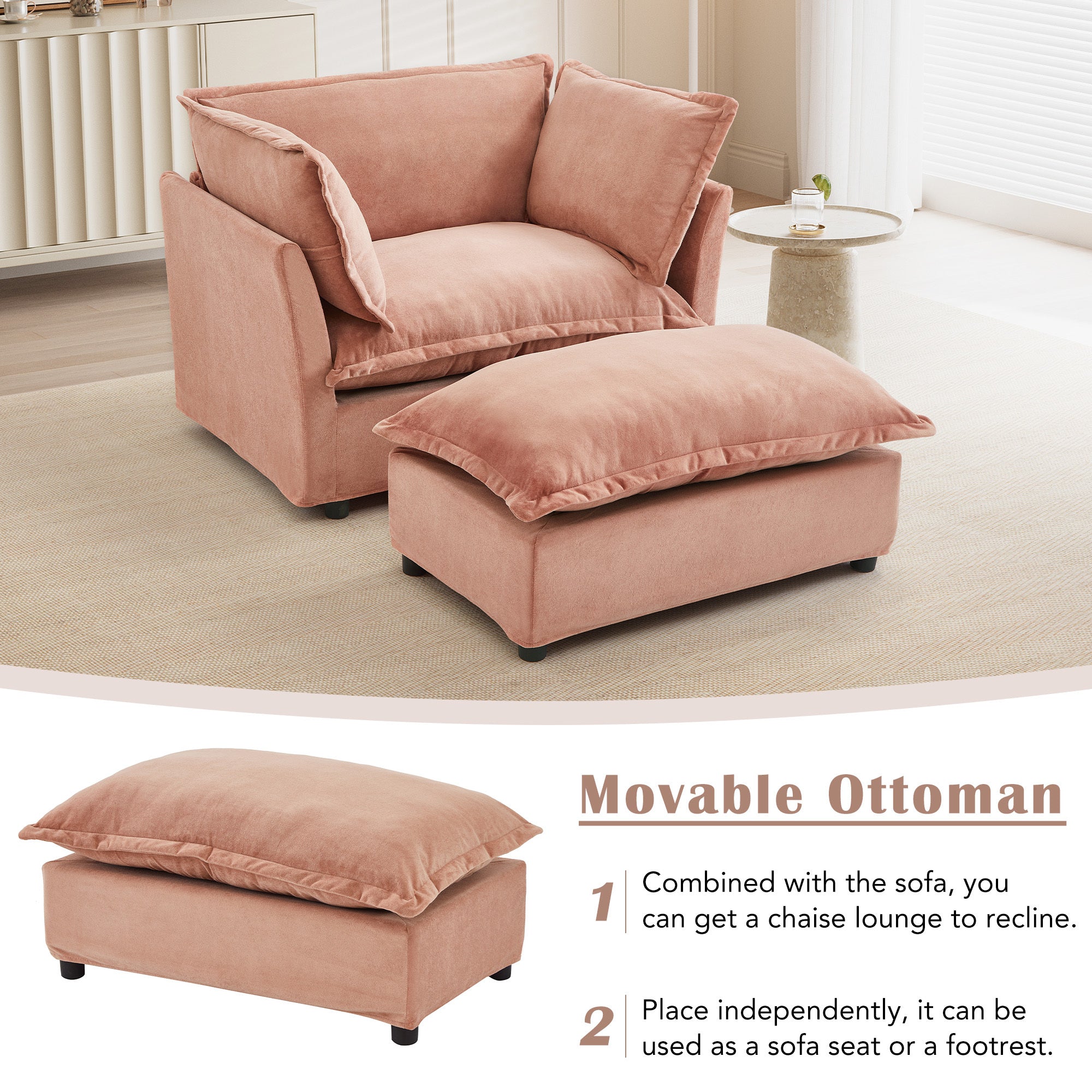 Modern 47' Cozy Upholstered Armchair Sofa with Movable Ottoman, Pink Chenille Fabric, Wide Seat and Curved Armrests