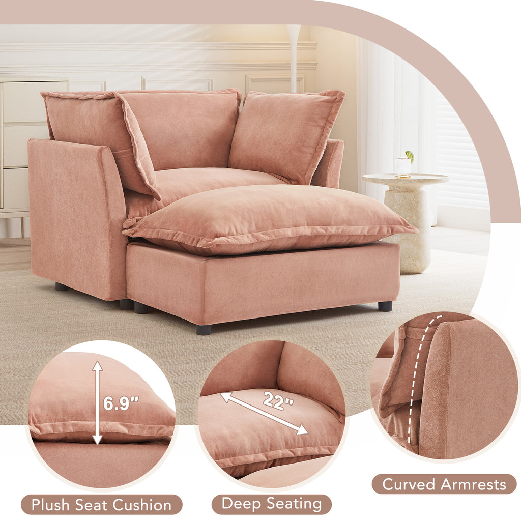 Modern 47' Cozy Upholstered Armchair Sofa with Movable Ottoman, Pink Chenille Fabric, Wide Seat and Curved Armrests