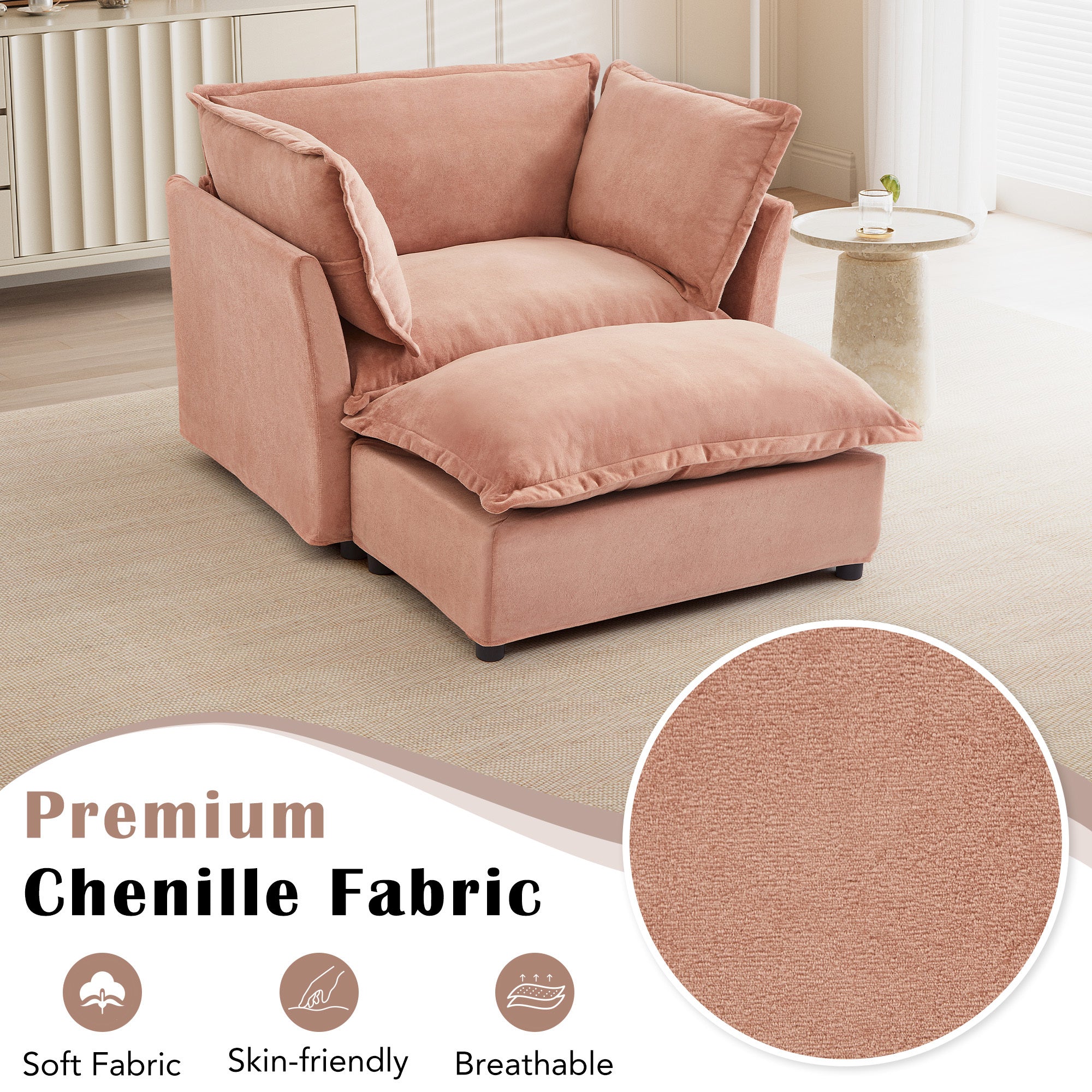 Modern 47' Cozy Upholstered Armchair Sofa with Movable Ottoman, Pink Chenille Fabric, Wide Seat and Curved Armrests