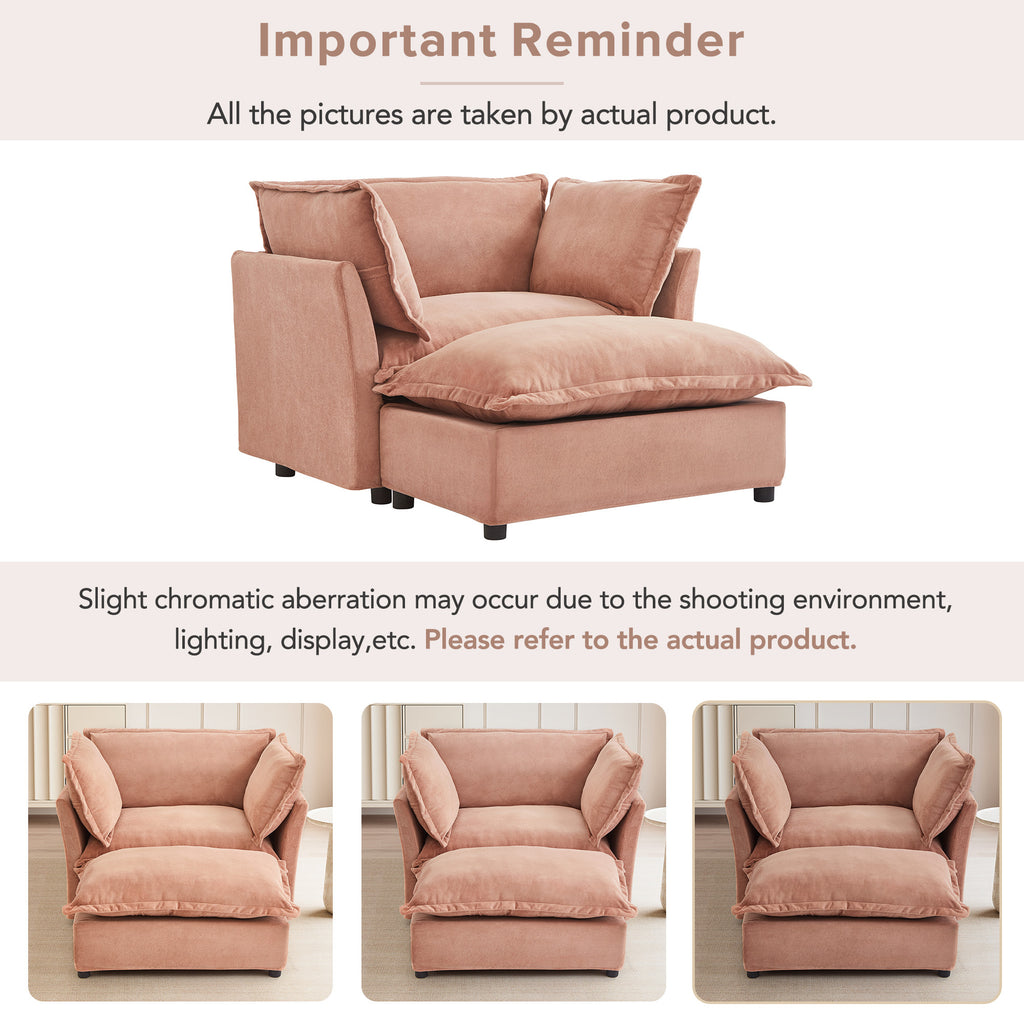Modern 47' Cozy Upholstered Armchair Sofa with Movable Ottoman, Pink Chenille Fabric, Wide Seat and Curved Armrests