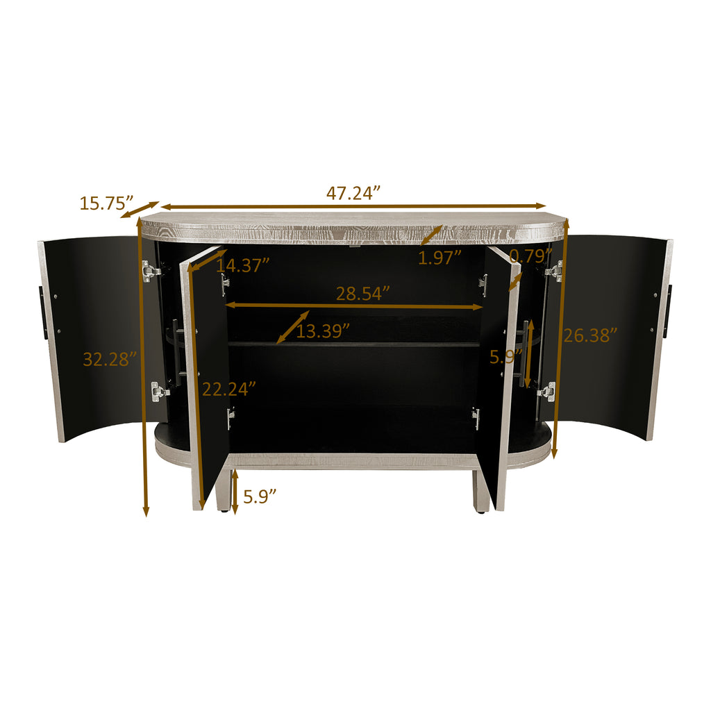 Modern Curved Sideboard 47.2-Inch Decorative Storage Cabinet Wooden Console Table Coffee Bar Cabinet with 4 Doors and Adjustable Interior Shelves for Living Room, Kitchen, Bedroom, Hallway (Champagne)