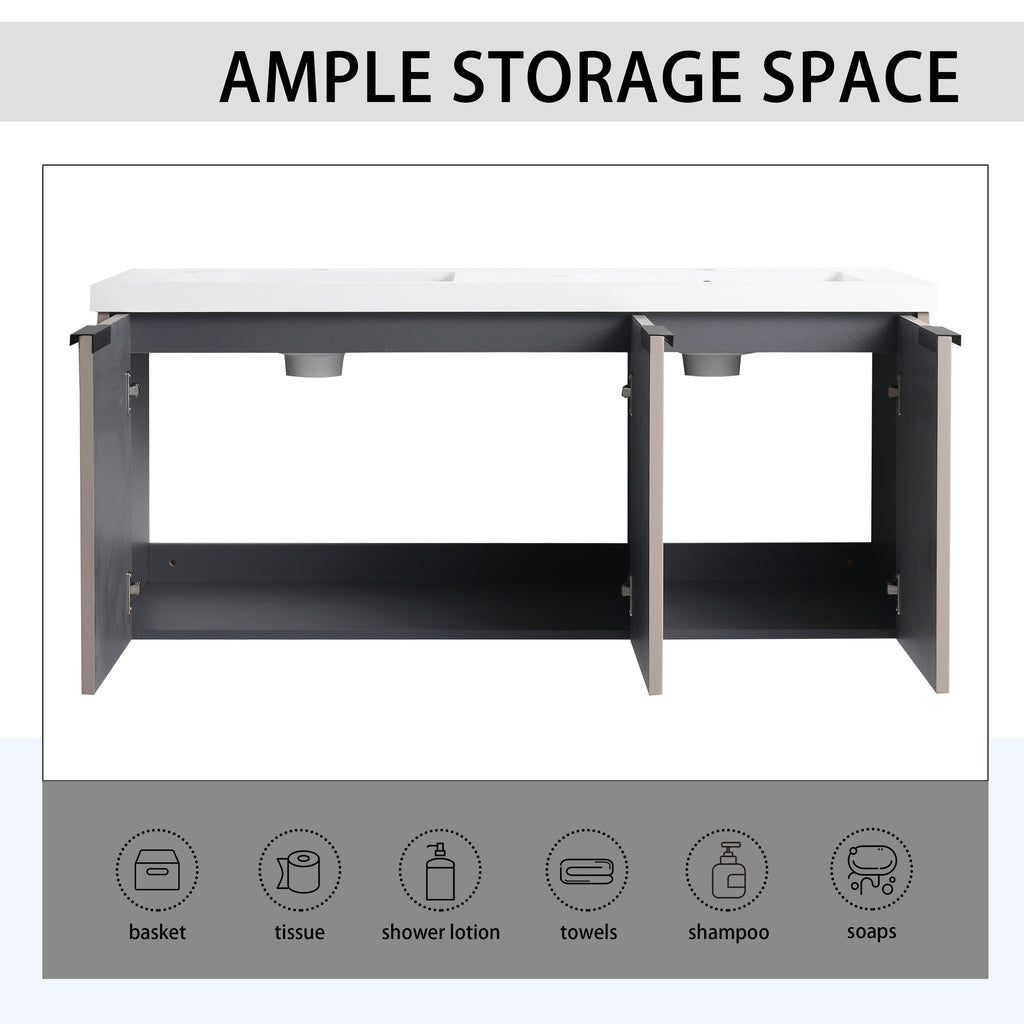 48' Wall Mounted Bathroom Vanity with Resin Double Sink & 3 Soft-Close Doors, KD-Packing