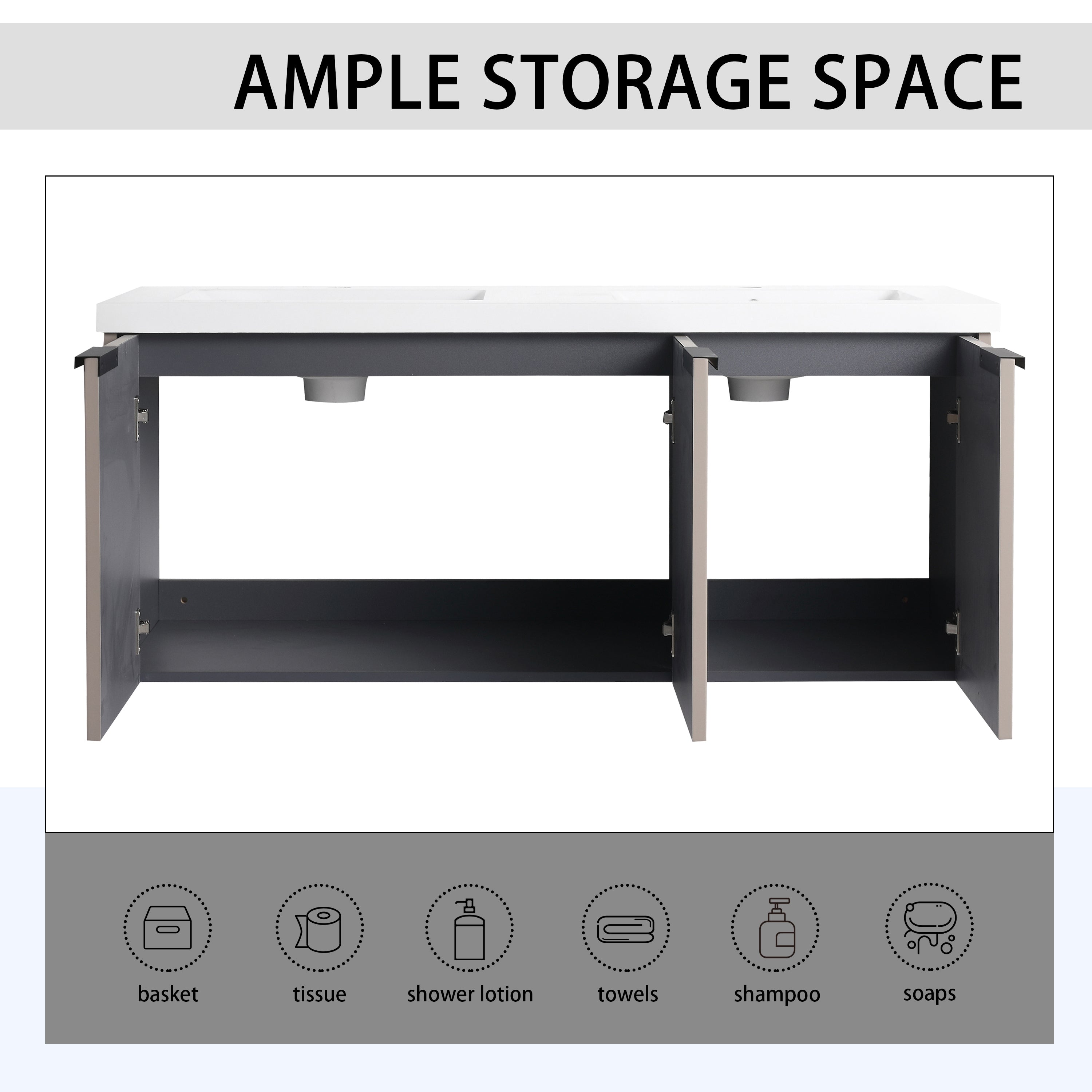 48' Wall Mounted Bathroom Vanity with Resin Double Sink & 3 Soft-Close Doors, KD-Packing