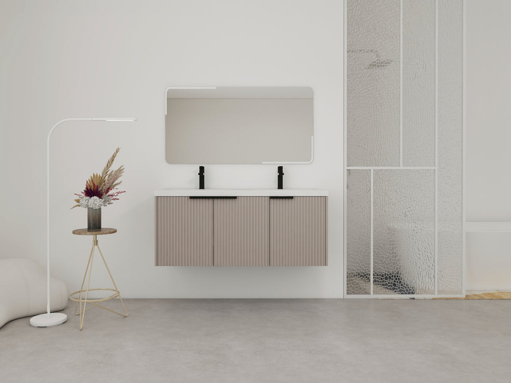 48' Wall Mounted Bathroom Vanity with Resin Double Sink & 3 Soft-Close Doors, KD-Packing