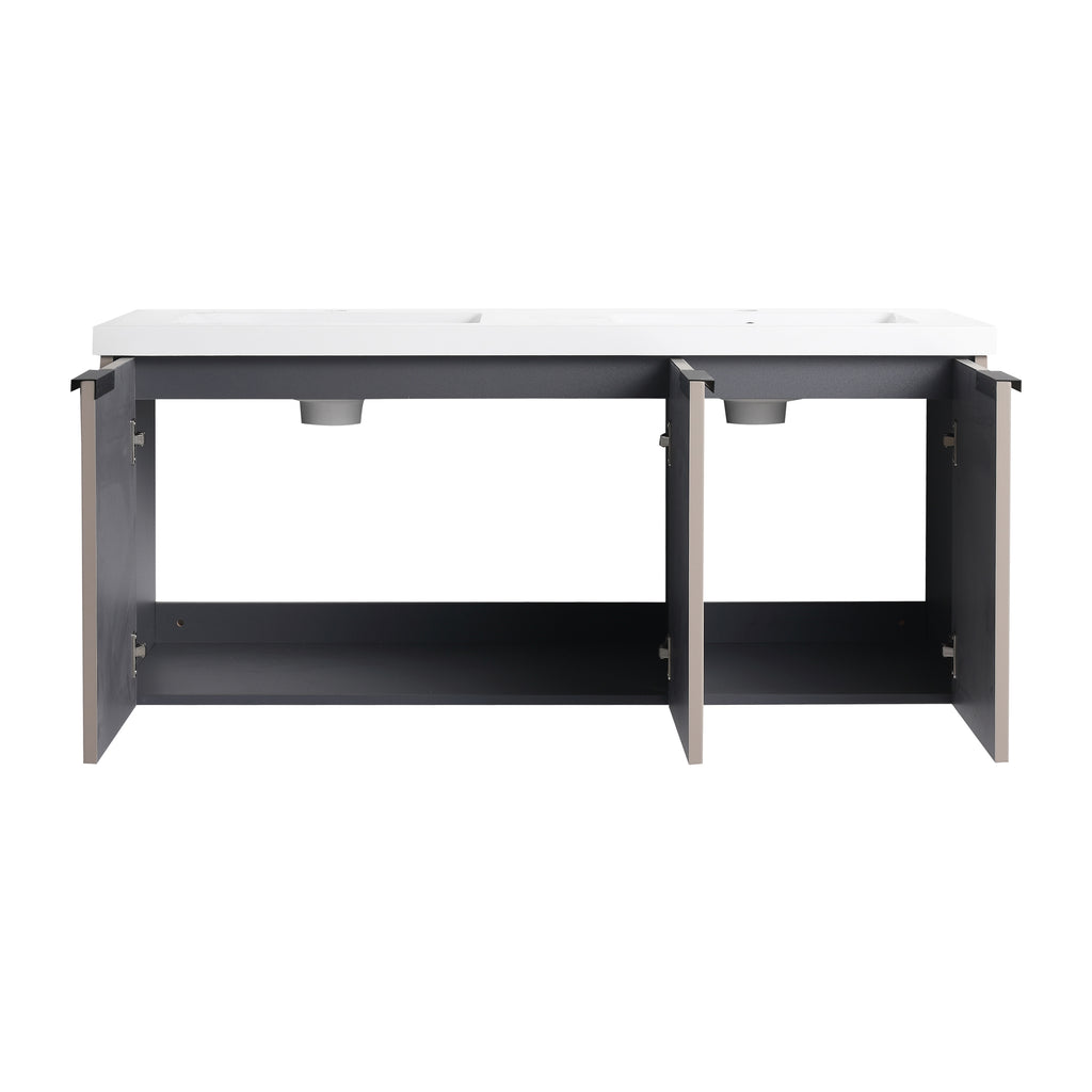 48' Wall Mounted Bathroom Vanity with Resin Double Sink & 3 Soft-Close Doors, KD-Packing