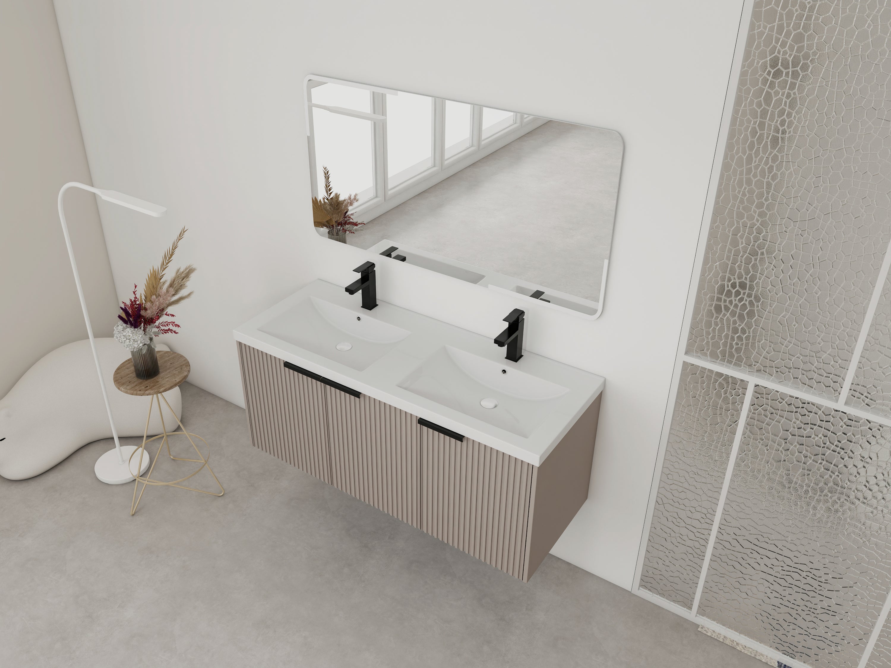 48' Wall Mounted Bathroom Vanity with Resin Double Sink & 3 Soft-Close Doors, KD-Packing