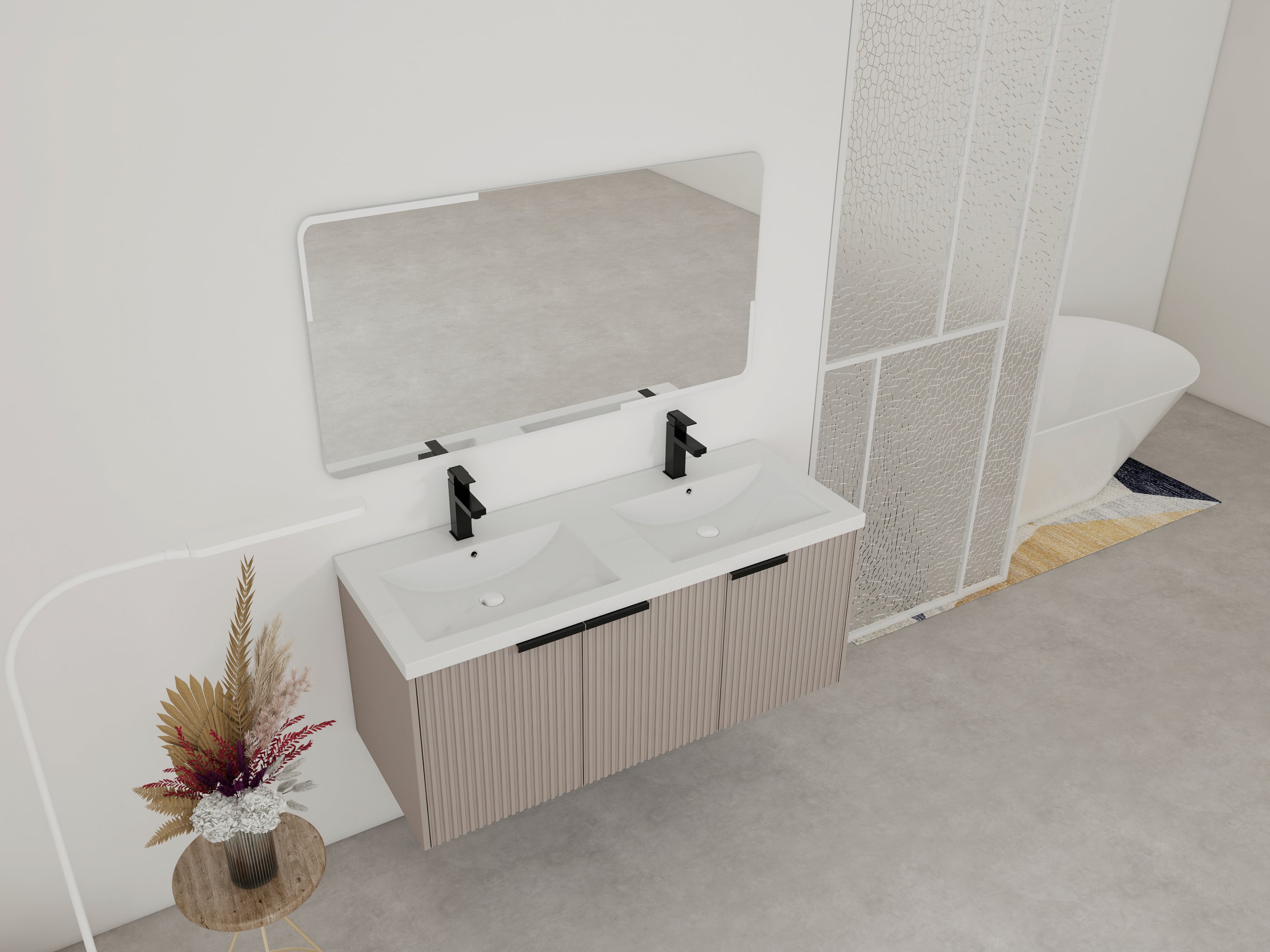 48' Wall Mounted Bathroom Vanity with Resin Double Sink & 3 Soft-Close Doors, KD-Packing
