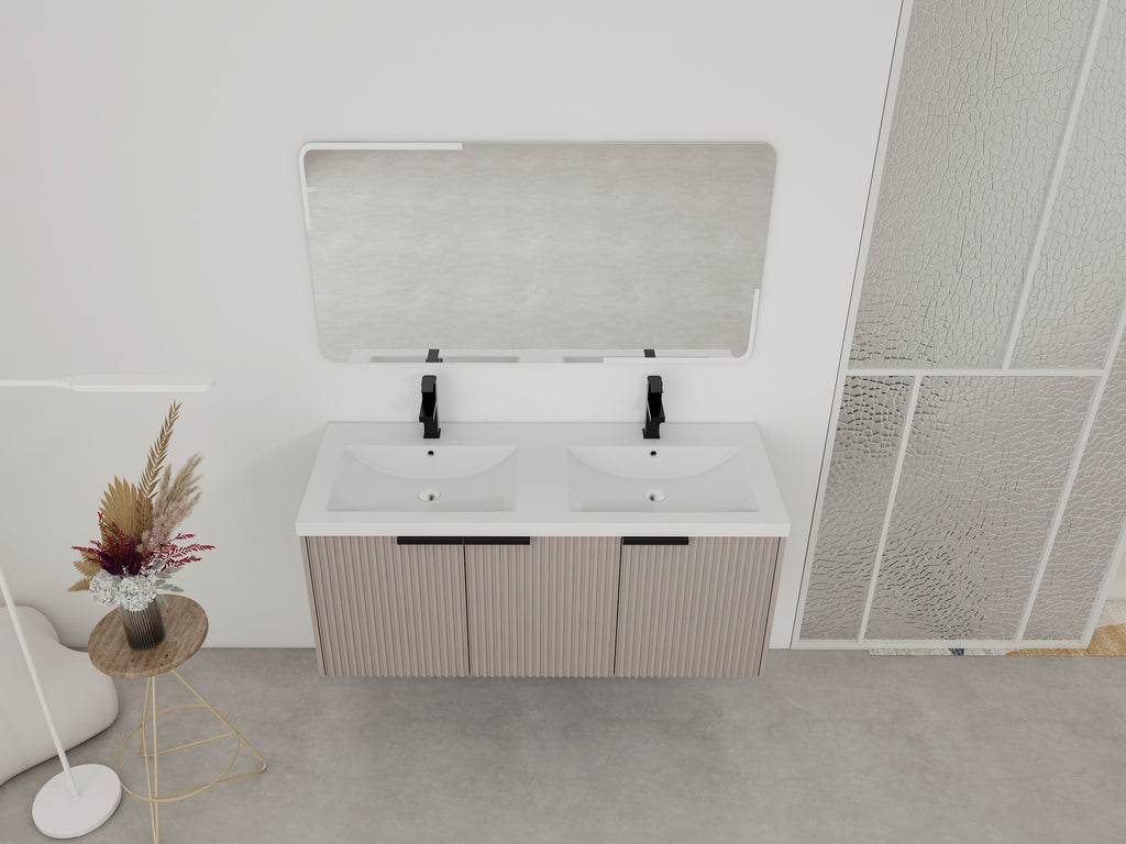 48' Wall Mounted Bathroom Vanity with Resin Double Sink & 3 Soft-Close Doors, KD-Packing