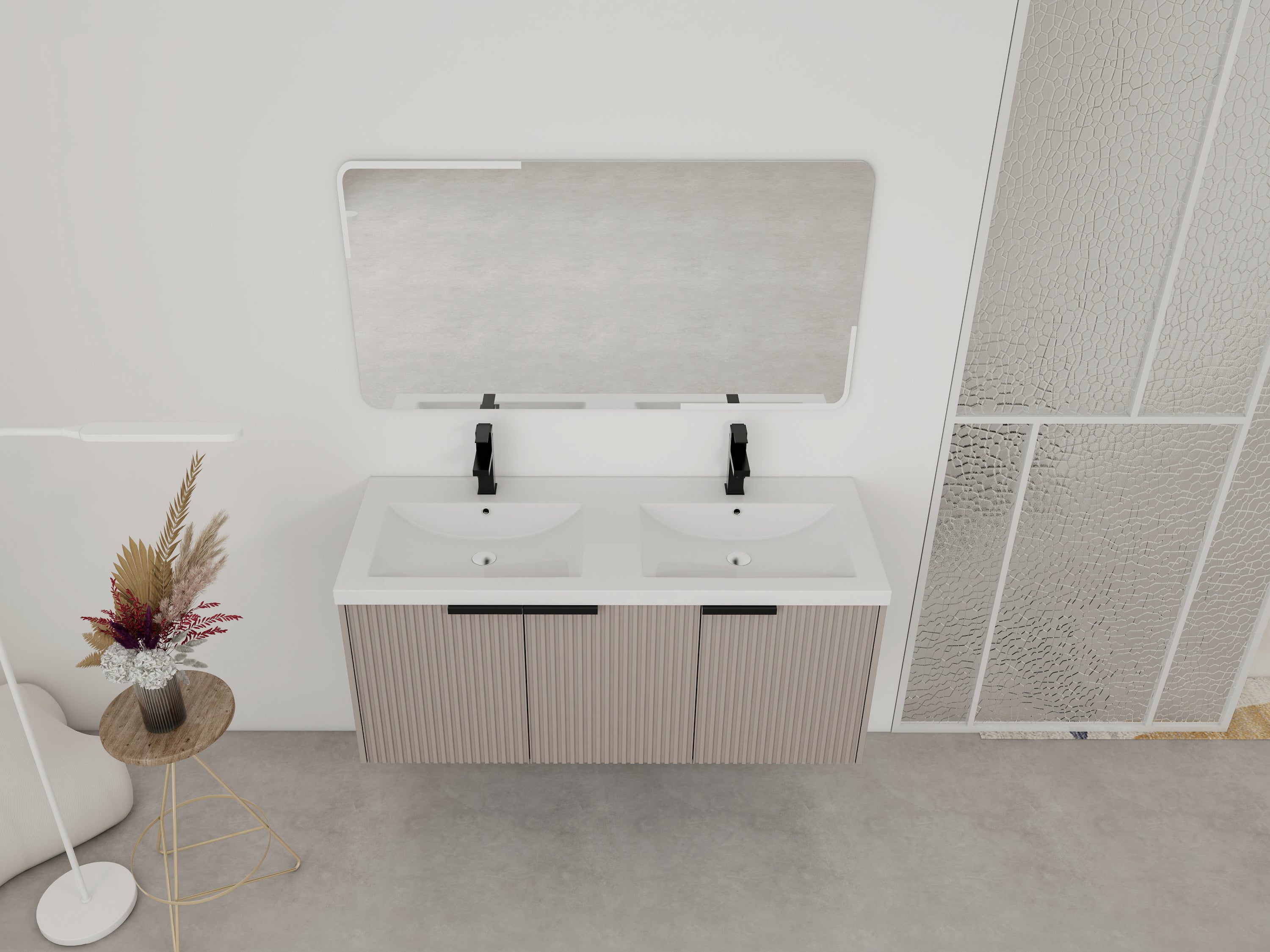 48' Wall Mounted Bathroom Vanity with Resin Double Sink & 3 Soft-Close Doors, KD-Packing