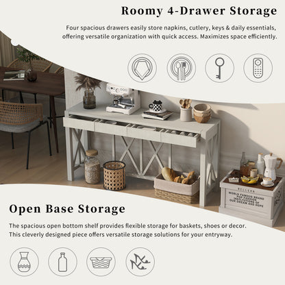 U_Style 60''Acacia Veneer Console Table with 4 Spacious Drawers, Modern Crisscross Design Entryway Table with Open Bottom Storage,Farmhouse Sofa Table for Living Room,Kitchen,Dining Room,Hallway