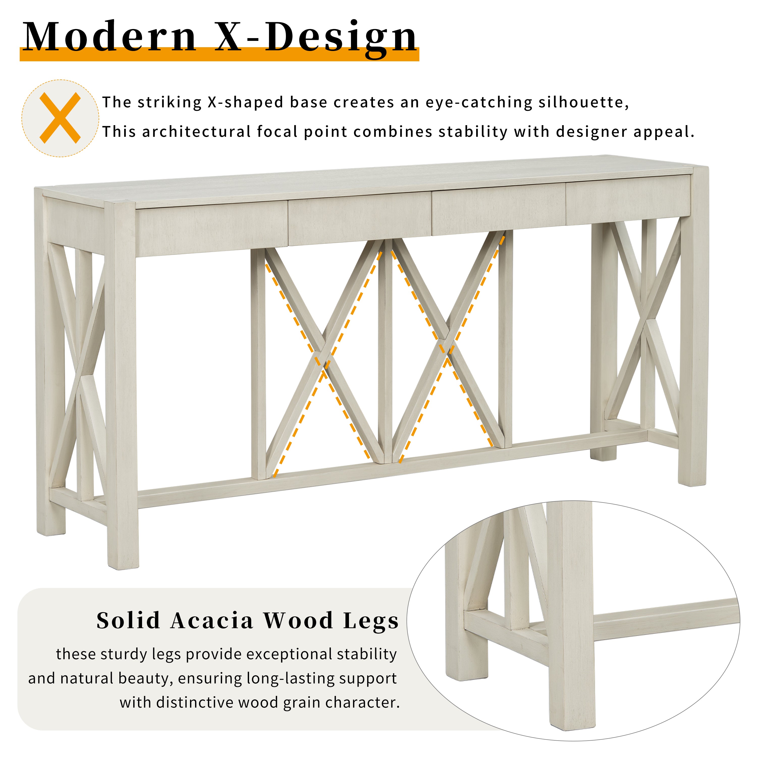U_Style 60''Acacia Veneer Console Table with 4 Spacious Drawers, Modern Crisscross Design Entryway Table with Open Bottom Storage,Farmhouse Sofa Table for Living Room,Kitchen,Dining Room,Hallway