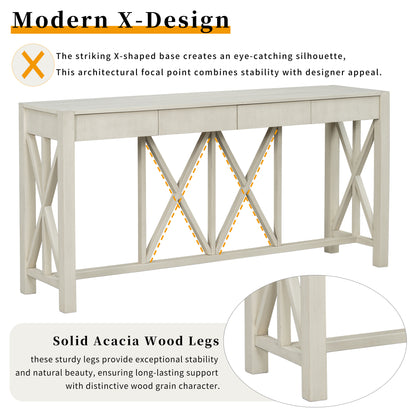 U_Style 60''Acacia Veneer Console Table with 4 Spacious Drawers, Modern Crisscross Design Entryway Table with Open Bottom Storage,Farmhouse Sofa Table for Living Room,Kitchen,Dining Room,Hallway