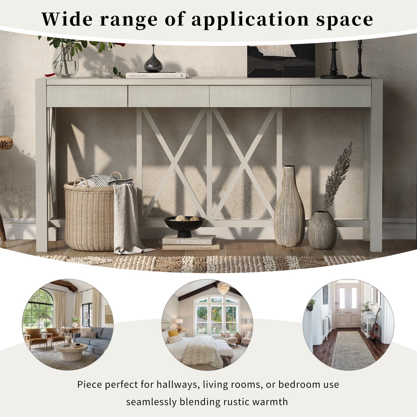 U_Style 60''Acacia Veneer Console Table with 4 Spacious Drawers, Modern Crisscross Design Entryway Table with Open Bottom Storage,Farmhouse Sofa Table for Living Room,Kitchen,Dining Room,Hallway