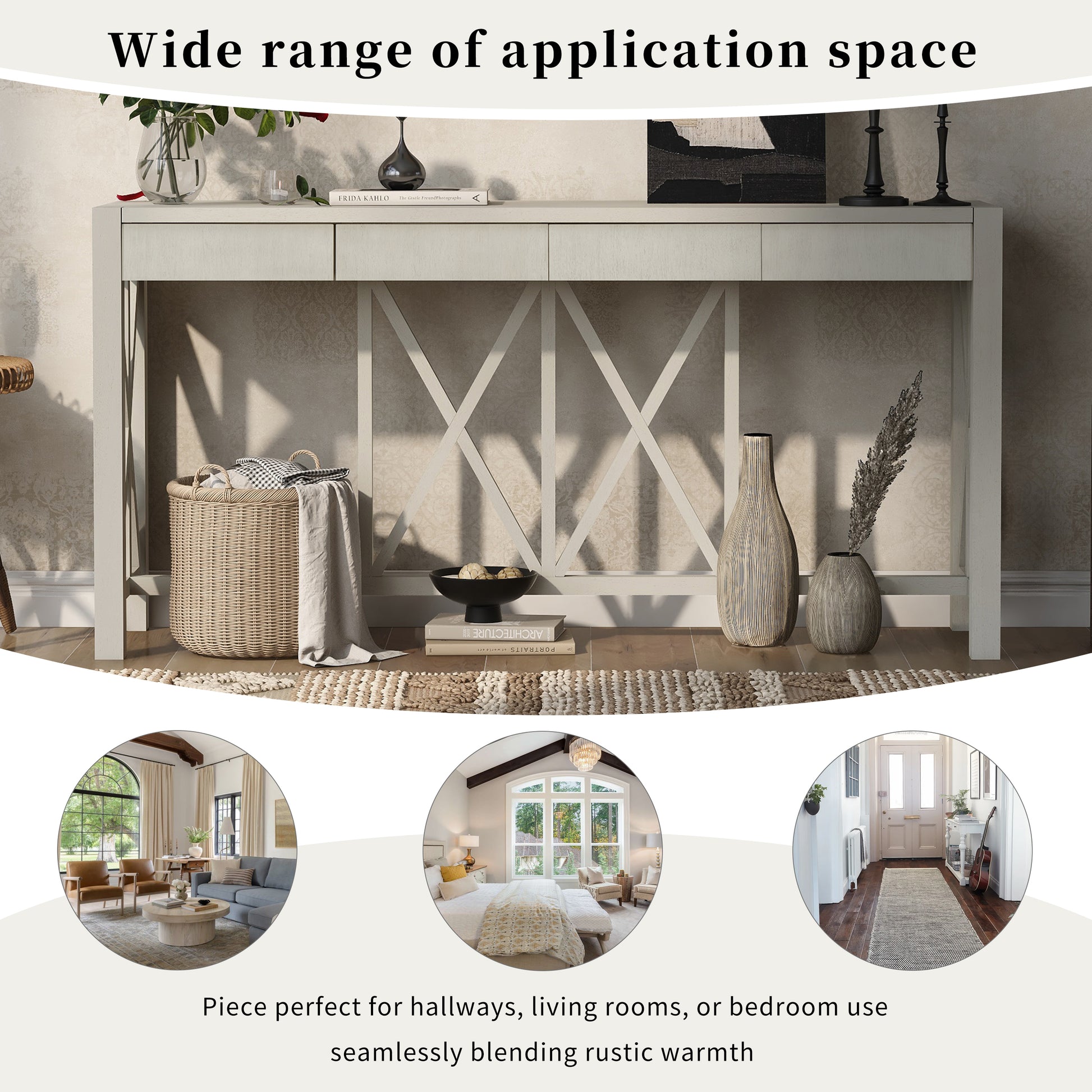 U_Style 60''Acacia Veneer Console Table with 4 Spacious Drawers, Modern Crisscross Design Entryway Table with Open Bottom Storage,Farmhouse Sofa Table for Living Room,Kitchen,Dining Room,Hallway