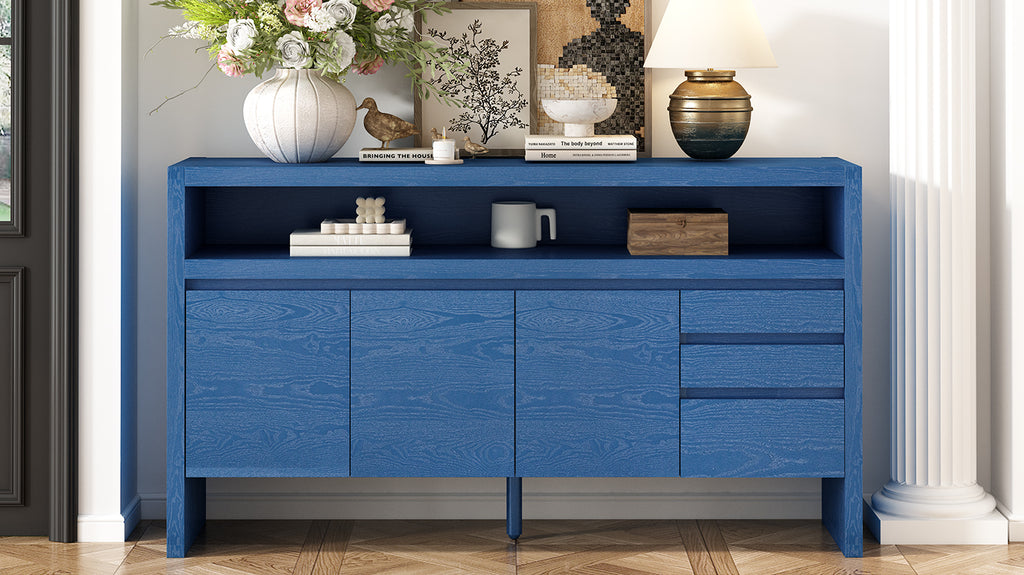 U_Style 60' 3-Door Sideboard with 3 Drawers - Modern Solid Ash Veneer MDF Sideboard, Semi-Open Shelf & Center Semi-Circular Cutout in Back Panel, Large Storage Cabinet for Living Room, Hallway, Dining