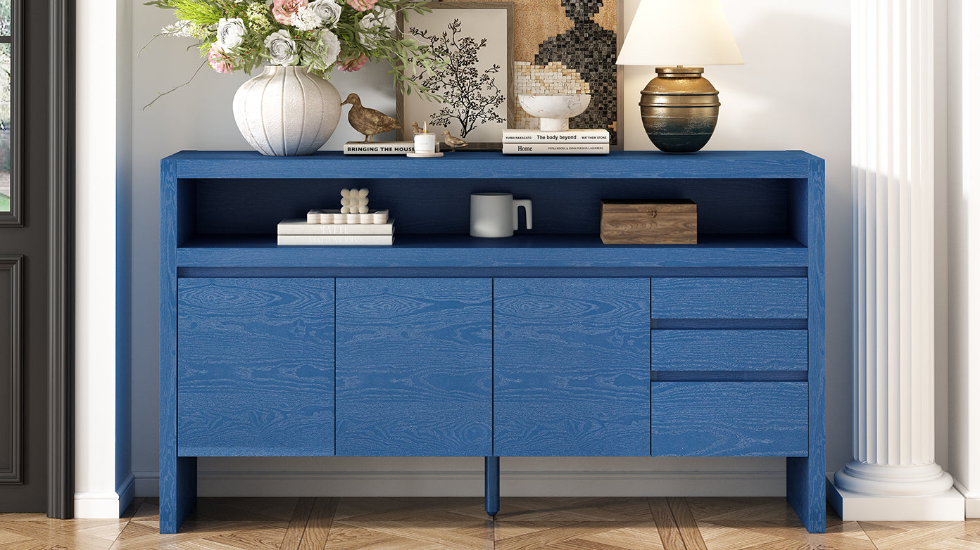 U_Style 60' 3-Door Sideboard with 3 Drawers - Modern Solid Ash Veneer MDF Sideboard, Semi-Open Shelf & Center Semi-Circular Cutout in Back Panel, Large Storage Cabinet for Living Room, Hallway, Dining