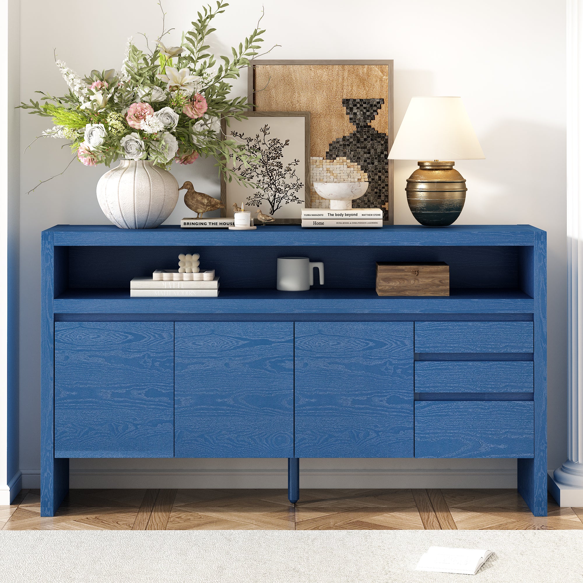 U_Style 60' 3-Door Sideboard with 3 Drawers - Modern Solid Ash Veneer MDF Sideboard, Semi-Open Shelf & Center Semi-Circular Cutout in Back Panel, Large Storage Cabinet for Living Room, Hallway, Dining