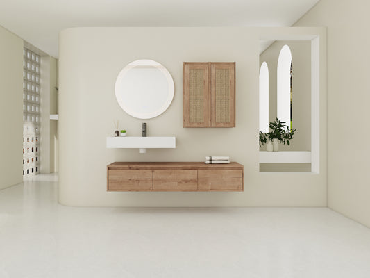 60 inch Wall-Mounted Bathroom Vanity with Resin Sink and 2-Side Cabinet, 3-Soft Close Drawer, Float Mounting Design