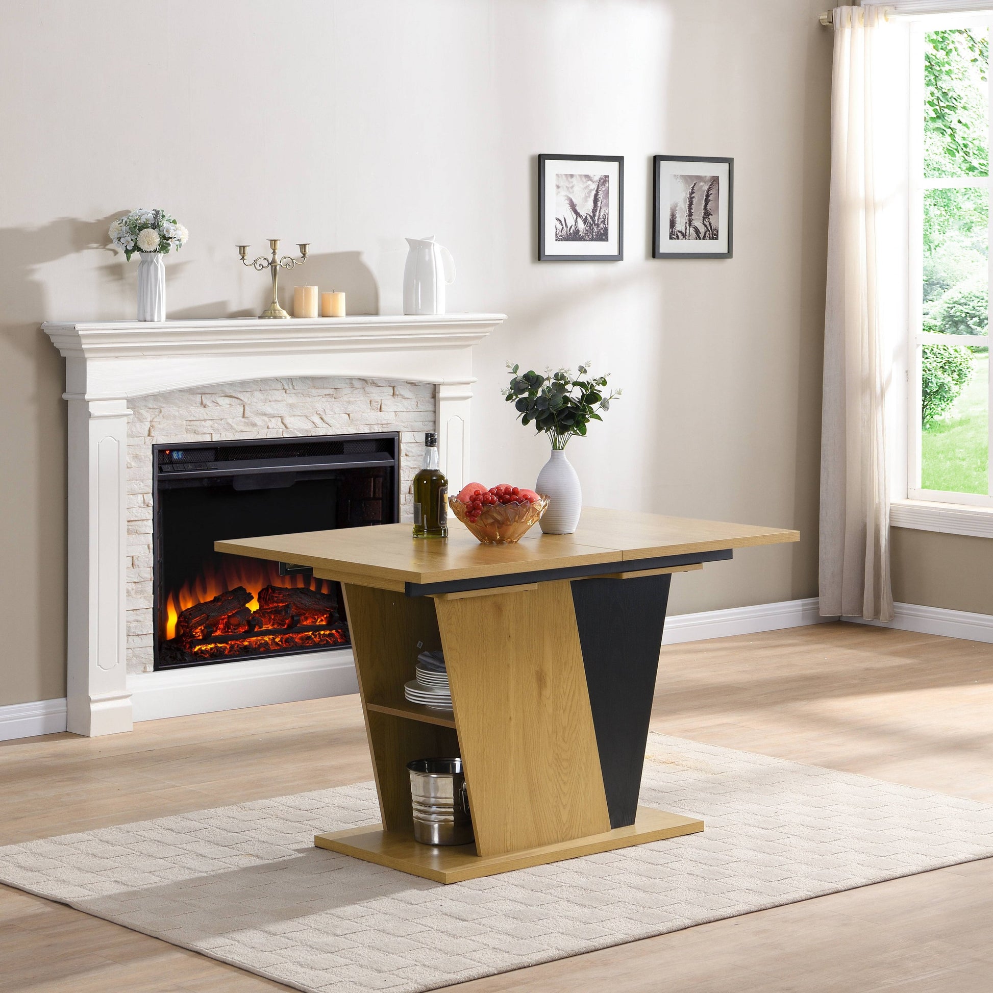 61.81 (46.46) inch Extendable Dining Table with Built-in Storage, Modern Wooden Table with Sturdy Metal Frame and MDF base, Adjustable Tabletop for Home Kitchen, Dining Room, and Office Spaces.