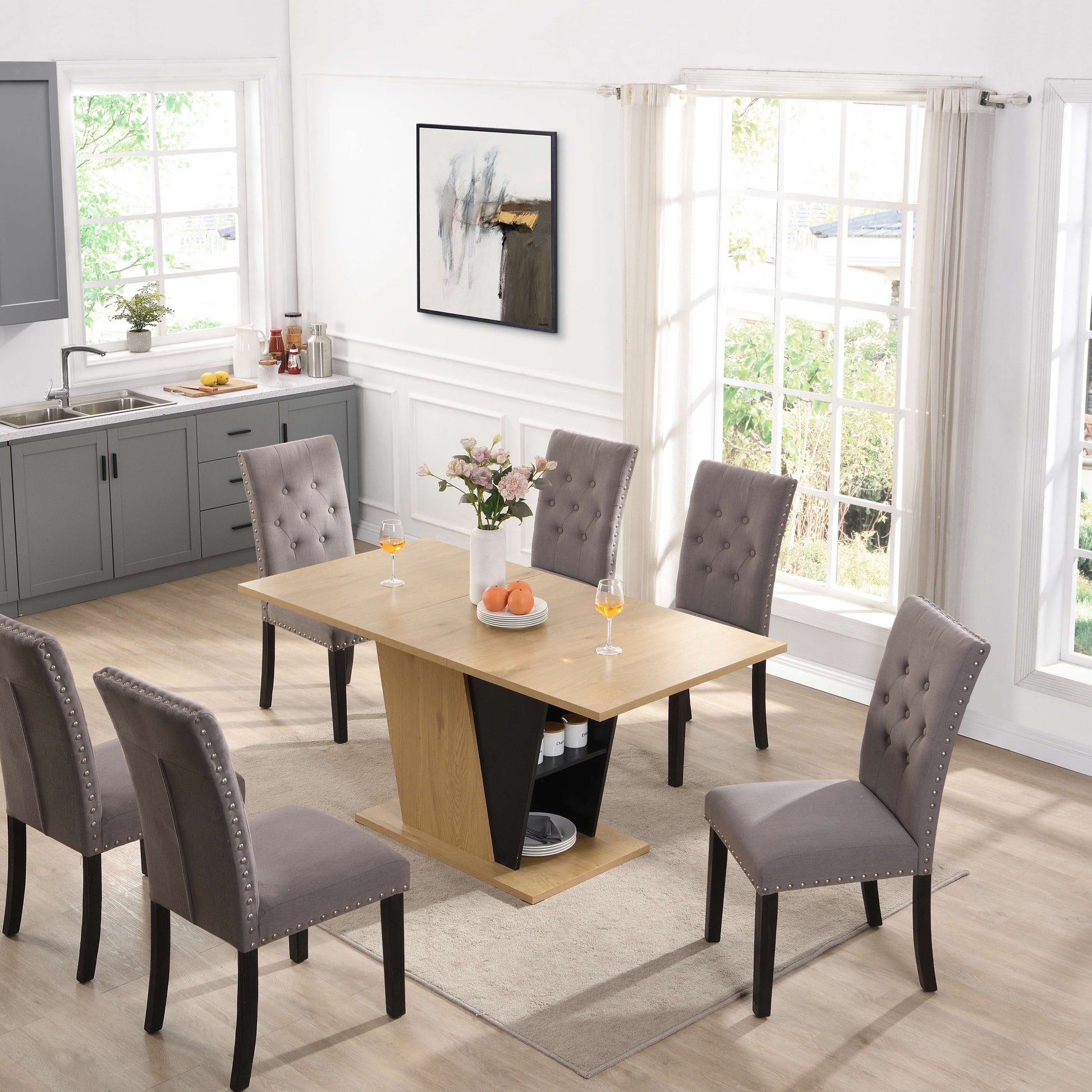 61.81 (46.46) inch Extendable Dining Table with Built-in Storage, Modern Wooden Table with Sturdy Metal Frame and MDF base, Adjustable Tabletop for Home Kitchen, Dining Room, and Office Spaces.