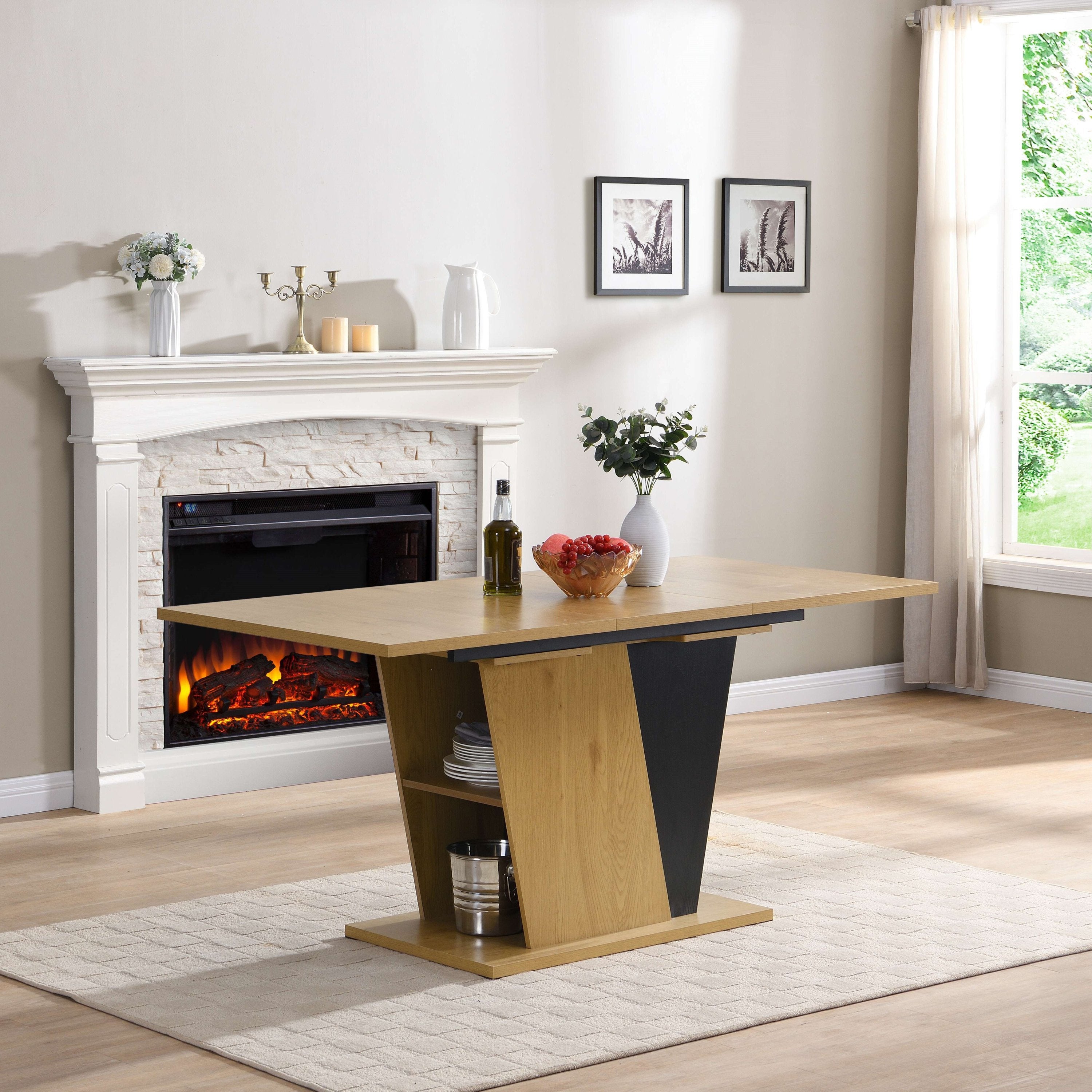 61.81 (46.46) inch Extendable Dining Table with Built-in Storage, Modern Wooden Table with Sturdy Metal Frame and MDF base, Adjustable Tabletop for Home Kitchen, Dining Room, and Office Spaces.